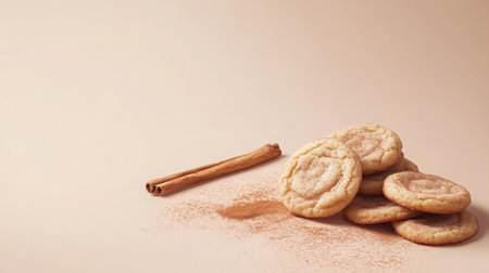 Warm cinnamon cookies stacked beside a cinnamon stick and sprinkled with ground cinnamonの素材