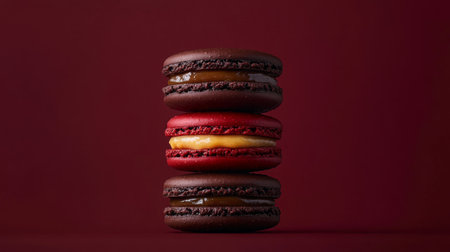 Gourmet macarons stacked elegantly against a dark maroon backdrop in a minimalist settingの素材
