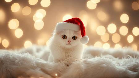 A cute white cat wearing a Santa hat sits on a fluffy blanket surrounded by festive lightsの素材