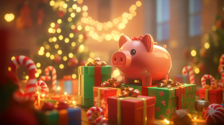 A pink piggy bank sits atop a stack of Christmas presentsの素材