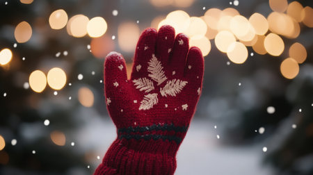 A festive red mitten adorned with white snowflakes against a blurred winter backdropの素材