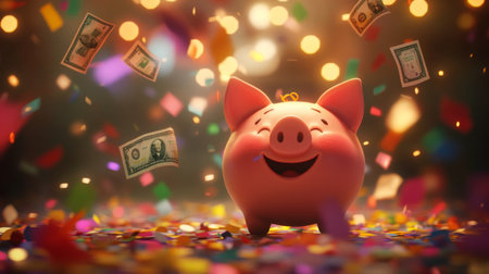 A cheerful piggy bank surrounded by colorful confetti and floating money on festive nightの素材