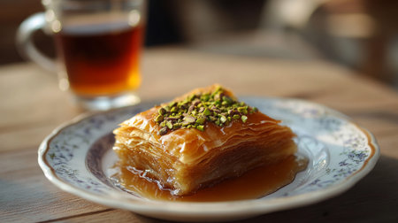 Traditional baklava served with tea on a wooden table, highlighting Middle Eastern cuisineの素材