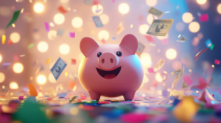 A piggy bank smiles amidst falling confetti and moneyの素材