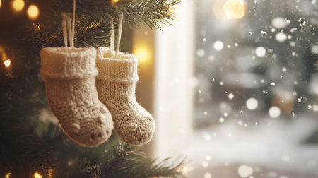 Cozy knitted stockings hang from a Christmas tree with snow gently falling outsideの素材