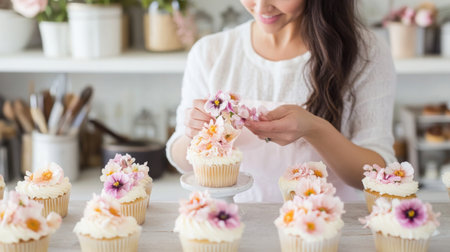 A woman decorates cupcakes with edible flowers in a cozy kitchen settingの素材