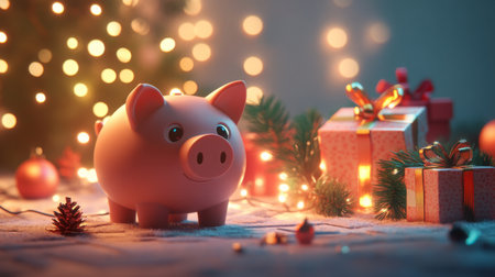 A piggy bank sits in front of a Christmas tree with lightsの素材