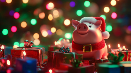 Festive pig figurine wearing a Santa hat among colorful holiday lights and wrapped giftsの素材