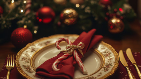 Elegant holiday dinner setting with festive decorations and candy canes at a cozy tableの素材