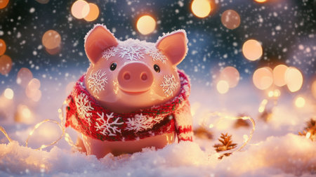 Charming pig figurine in a snowy setting adorned with a scarf and holiday lightsの素材