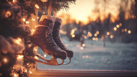 Skates hanging near window adorned with holiday lights during sunset in a snowy landscapeの素材