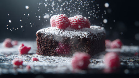 Delicious chocolate brownie topped with raspberries and powdered sugar in kitchen settingの素材