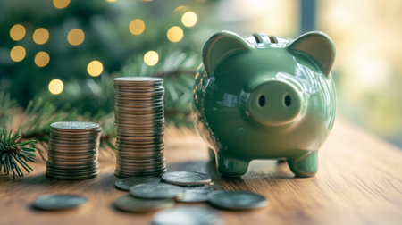 A green piggy bank surrounded by stacks of coins and holiday lights in cozy indoor settingの素材