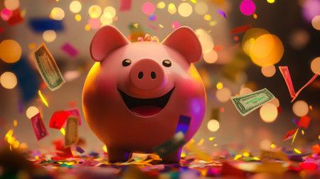 A pink piggy bank smiles as money and confetti fall around itの素材