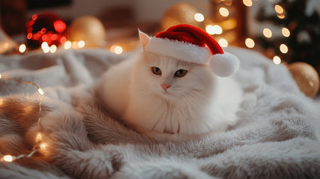 A white cat wearing a Santa hat sits on a fuzzy blanket with Christmas lightsの素材