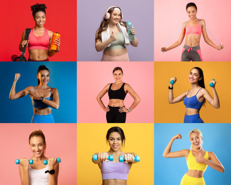 Diverse group of women showcasing fitness and strength in vibrant colorsの写真素材