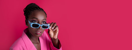 Young woman in pink suit adjusting blue sunglasses against bright pink backdropの写真素材