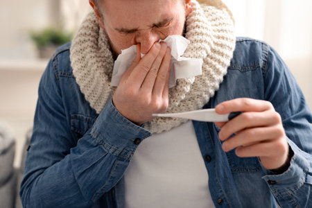 Sick man checking his body temperature and blowing noseの写真素材