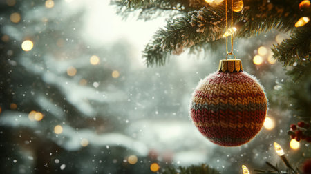 A colorful ornament hangs on a snow-covered Christmas tree during a winter evening settingの素材