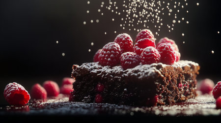 A chocolate brownie with raspberries is dusted with powdered sugarの素材