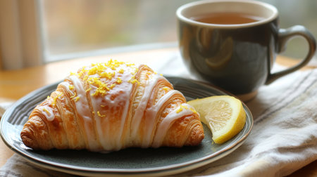 Freshly baked lemon-drizzled croissant served with a cup of tea in a cozy morning settingの素材