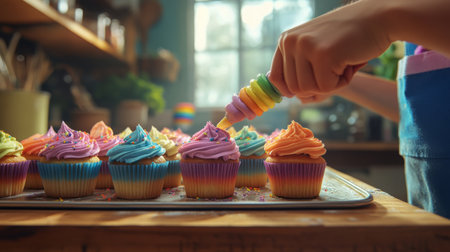 Child decorating colorful cupcakes in a cozy kitchen during a sunny afternoonの素材