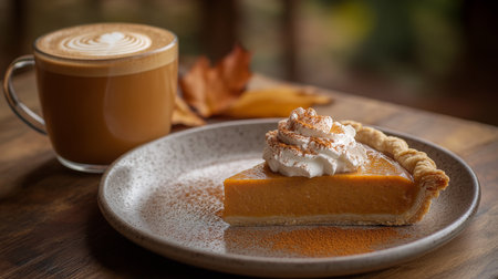 Pumpkin pie with whipped cream and a cup of coffee served on a rustic wooden tableの素材