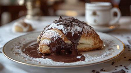 Delicious chocolate croissant served with rich chocolate sauce in a cozy cafe settingの素材