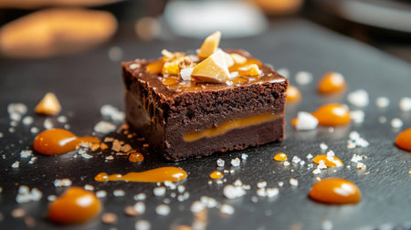 Deliciously decadent chocolate brownie with caramel sauce and nuts served on black platterの素材
