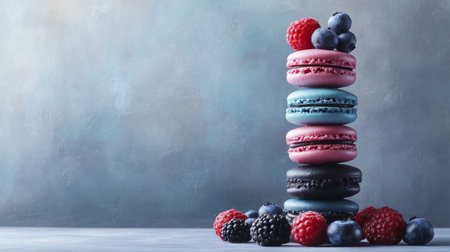 Colorful macarons stacked high with fresh berries on rustic table during a sunny afternoonの素材