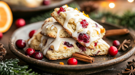 Delicious cranberry orange scones with icing on a rustic plate during the holiday seasonの素材