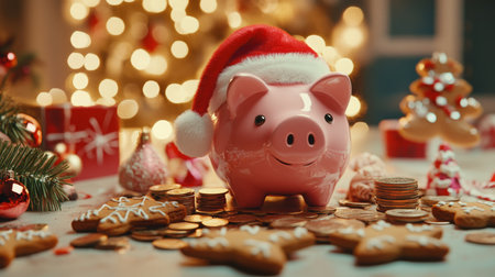 A piggy bank wearing a Santa hat sits on a table with coins and gingerbread cookiesの素材