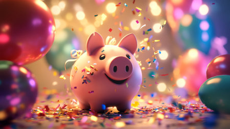 A cheerful piggy bank surrounded by colorful balloons and confetti at festive celebrationの素材