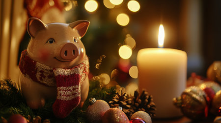 Festive holiday decor featuring a cheerful pig figurine beside a candle and ornamentsの素材