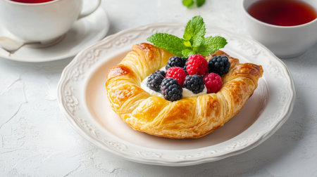 Fresh baked fruit croissant with berries on a plate accompanied by tea in a cozy settingの素材
