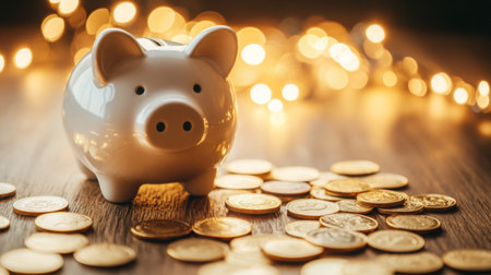 A piggy bank on wooden surface surrounded by coins with festive lights in the backgroundの素材