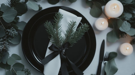 Elegant holiday dining setup with black plates, greenery, and candlelight ambianceの素材