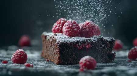 Rich chocolate brownie with fresh raspberries and powdered sugar on a dark backdropの素材