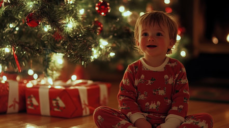 A young child sits in front of a Christmas tree, looking up with excitementの素材