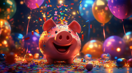 A pink piggy bank smiles surrounded by balloons and confettiの素材