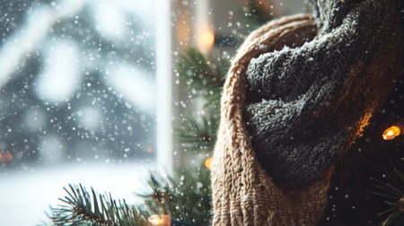 Cozy winter scarf draped over evergreen branches with falling snow in a serene settingの素材