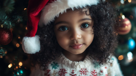Joyful young child in a Santa hat smiles by a decorated Christmas treeの素材