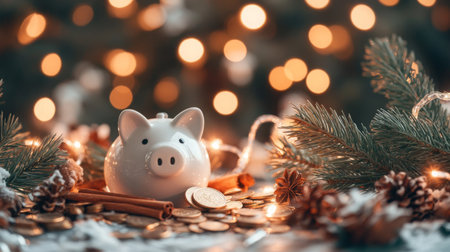 Decorative piggy bank surrounded by coins and festive greenery during the holiday seasonの素材
