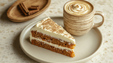 A slice of cake with coffee on a white plateの素材