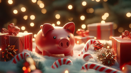 A piggy bank sits among Christmas gifts and candy canesの素材