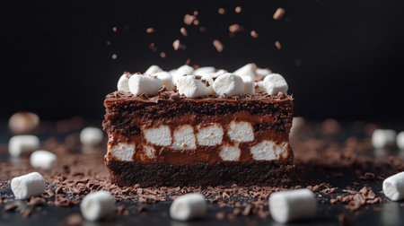 Decadent chocolate dessert with marshmallows and chocolate shavings on a dark backgroundの素材
