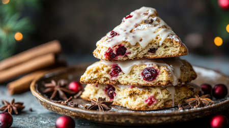 Delicious holiday scones with cranberries and icing displayed on a rustic plateの素材
