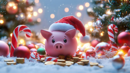 A festive piggy bank wearing a Santa hat among Christmas decorations and coinsの素材