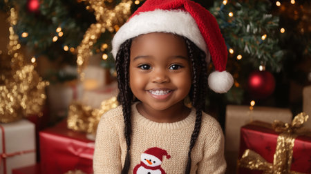 Young child wearing a Santa hat smiles joyfully near a Christmas tree with gifts aroundの素材