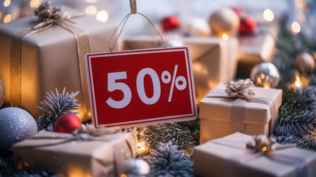 A red sign with 50 off hangs above wrapped gifts surrounded by Christmas decorationsの素材